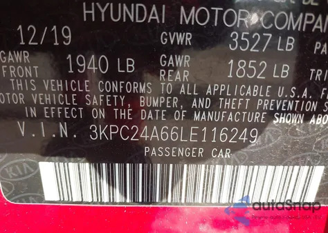 2020 Hyundai Accent Se z USA, uszkodzony, nr VIN 3KPC24A66LE116249